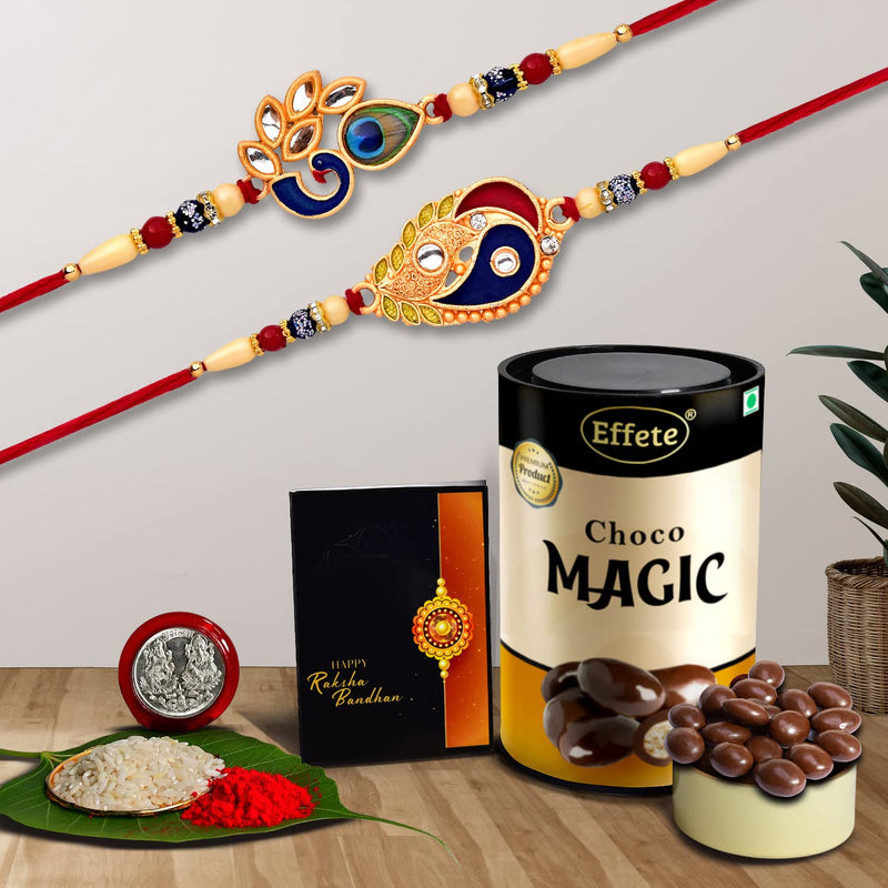 Multicolor Rakhi Combo With Chocolate Magic  Silver Color Pooja Coin Roli Chawal  Greeting Card Occasion Rakhi  Chocolate For Brother Bracelets For Men Stylish Rakhi With Gift Rakhi Combo Set Of 2 Rakhi Rakhi Chocolate Gift Combo