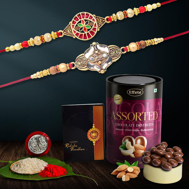 (K2_427+428_as) Rakhi With Assorted Chocolate Dryfruits 96gm Rakhi For Brother With Gift  Handmade Rakhi Rakhi Combo For Brother  Stylish Rakhi For Brother  Set Of 2 Rakhi