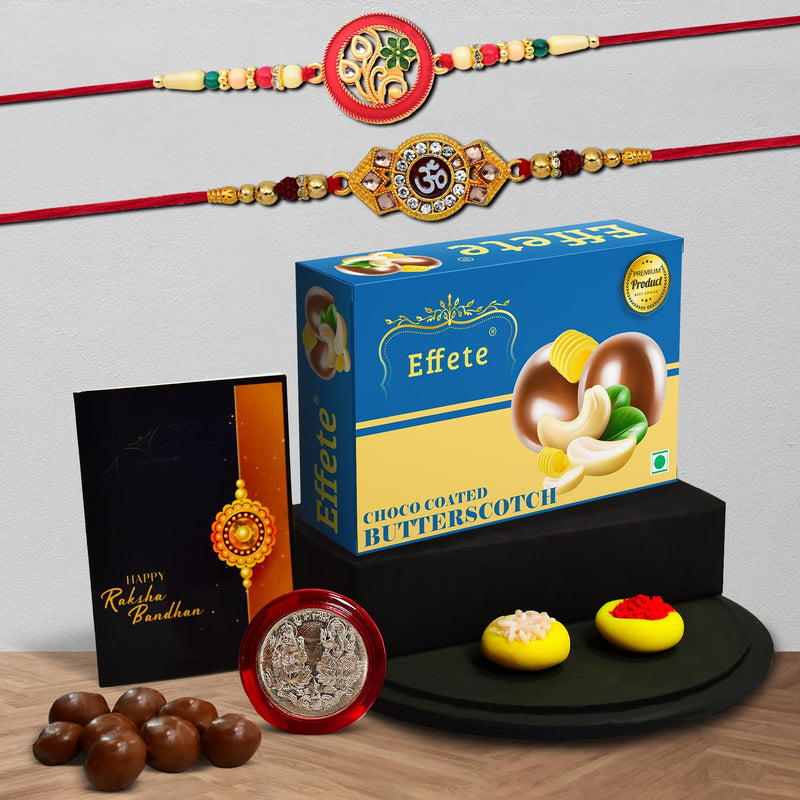 Rakshabandhan Om Rakhi  Floral Rakhi For Brother Set Of 2 With Chocolate Butter Scotch 32gm (K2_517+518_bs32)