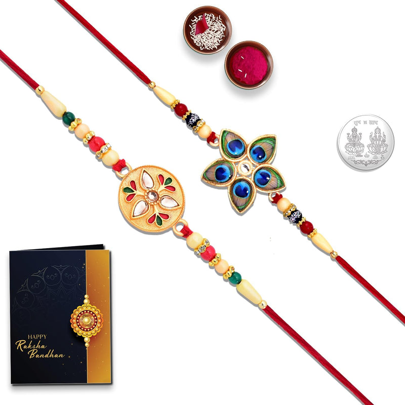 Rakhi Combo (K2_508+512) With Pooja Coin  Rakhi Greeting Card Silver Rakhi For Brother Rakhi For Brother And Bhabhi Kundan Rakhi Lumba Rakhi For Bhabhi