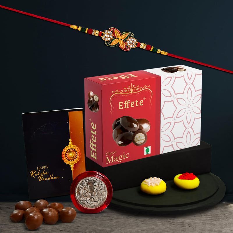 (K1_547_em32) Rakhi Combo With Chocolate Magic 32gm Rakhi For Brother With Gift Chocolate Gift Pack Rakhi With Chocolate Gift Hemper Fancy Rakhis For Men Set Of 1 Rakhi