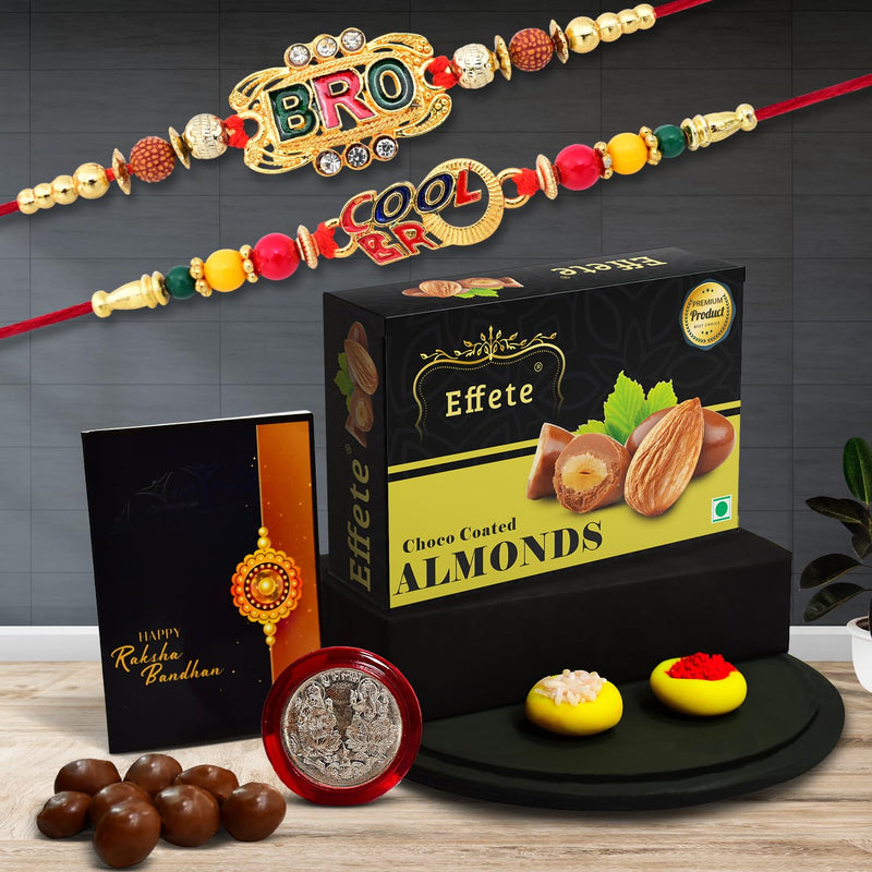 Bro Rakhi  Cool Rakhi For Brother Set Of 2 With Chocolate Almonds 32gm (K2_406+407_ca32)