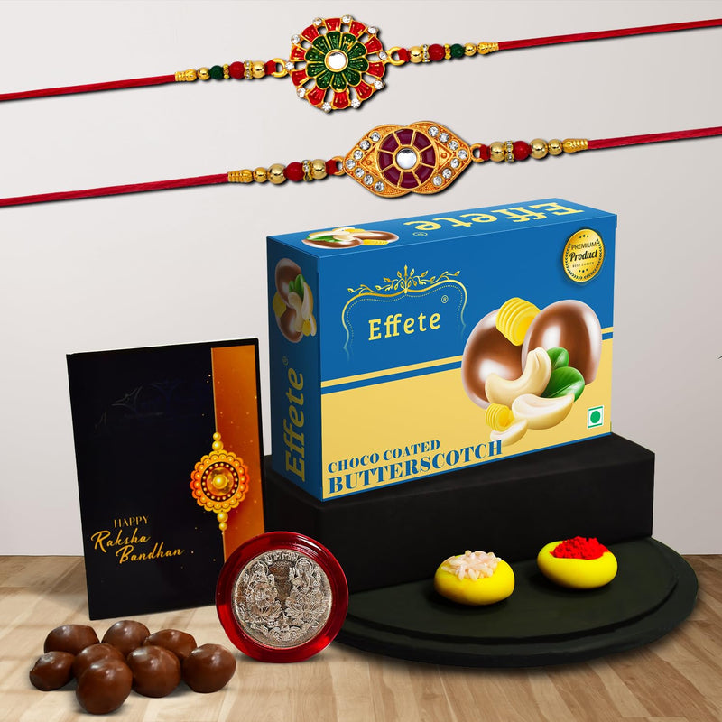 (K2_553+554_bs32) Rakhi Combo With Chocolate Butter Scotch 32gm Rakhi For Brother With Gift Chocolate Gift Pack Rakhi With Chocolate Gift Hemper Fancy Rakhis For Men Set Of 2 Rakhi