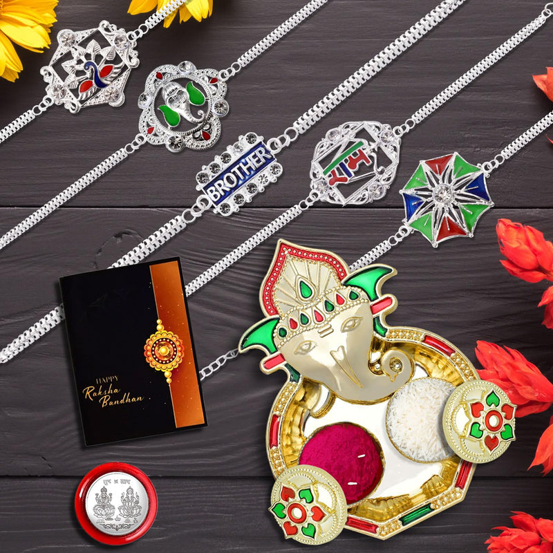 Rakhi For Brother Set Of 5 With Dish Silver Coin  Greeting Card Rakhi For Brother And Bhabhi Rakhi With Gift For Brother Rakhi For Kids Rakhi Set Rakhi Combo (A73+a57+a52+a78+a59_aa3)