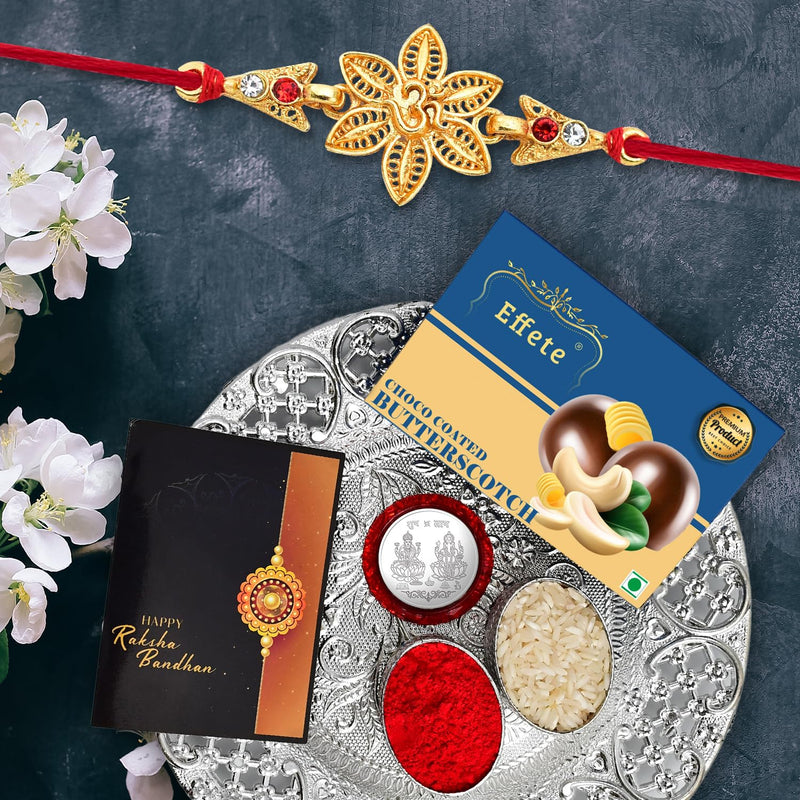 Rakhi Combo (K1_433_ds+bs32) Chocolate Butter Scotch 32gm  Silver Pooja Thali With Pooja Coin  Greeting Card Rakhi Gift Set Rakhi Thali Rakhi For Brother Kids Rakhi Thali Set Rakhi With Plate Rakhi For Brother And Bhabhi Rakhi Hampe