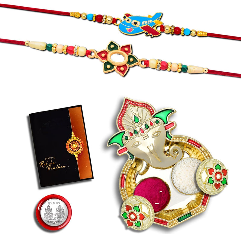 Rakhi (K3_277+282+293_aa3) With Pooja Coin Shri Ganesh Pooja Thali  Tilak Set  Greeting Card Rakhi Thali Set Rakhi With Plate Rakhi For Brother And Bhabhi Rakhi For Baby Brother Online Rakhi Combo Rakhi For Brother Kids Rakhi Set Of 3