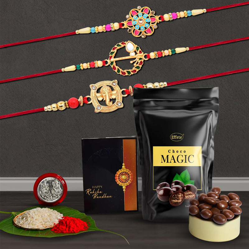 Rakhi (K3_559+560+908_sm)  Choco Magic (Pouch) Rakhi For Brother With Gift  Rakhi With Chocolate Rakhi Combo For Brother  Set Of 3 Rakhi  Chocolate