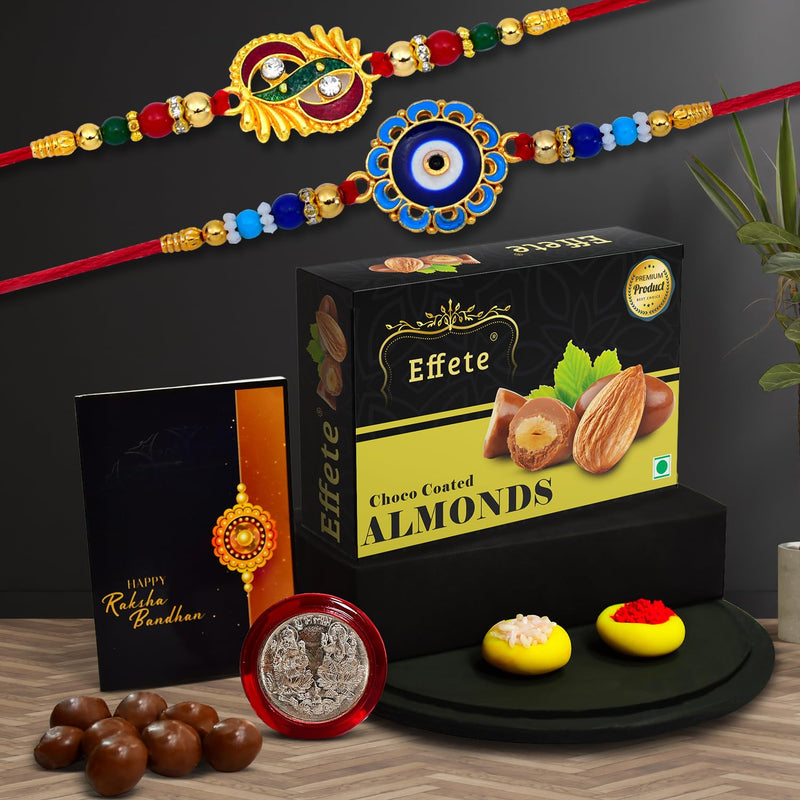 Rakhi (K2_273+275_ca32)  Chocolate Almonds 32gm Rakhi For Brother With Gift Rakhi With Chocolate Rakhi Combo For Brother Set Of 2 Rakhi Chocolate