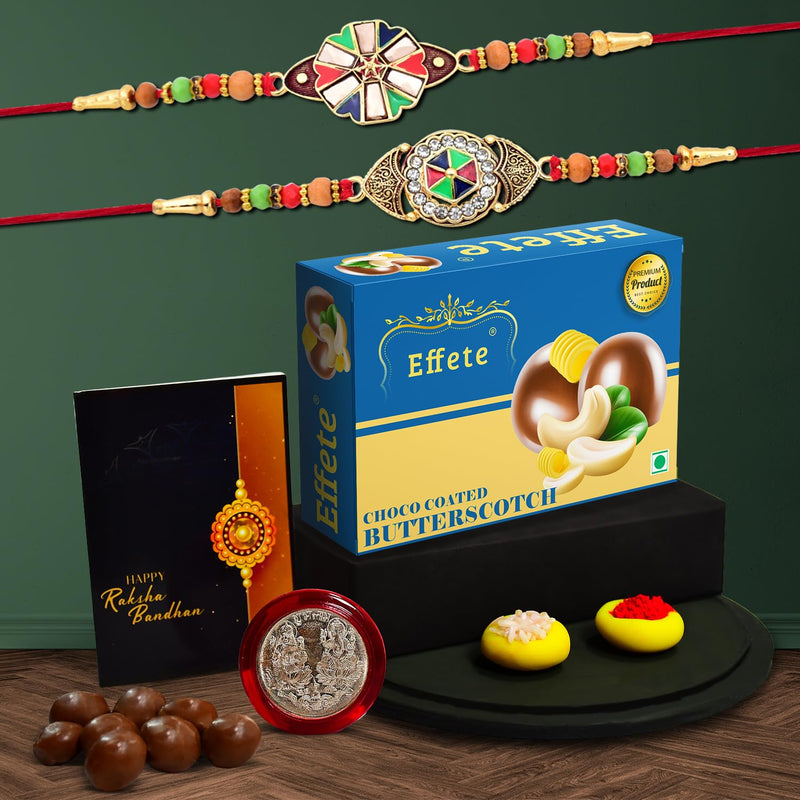 (K2_416+417_bs32) Rakhi Combo With Chocolate Butter Scotch 32gm Stylish Rakhi For Brother Rakhi  Chocolate For Brother Rakhi Brother Rakhi With Gift Handmade Rakhi Set Of 2 Rakhi