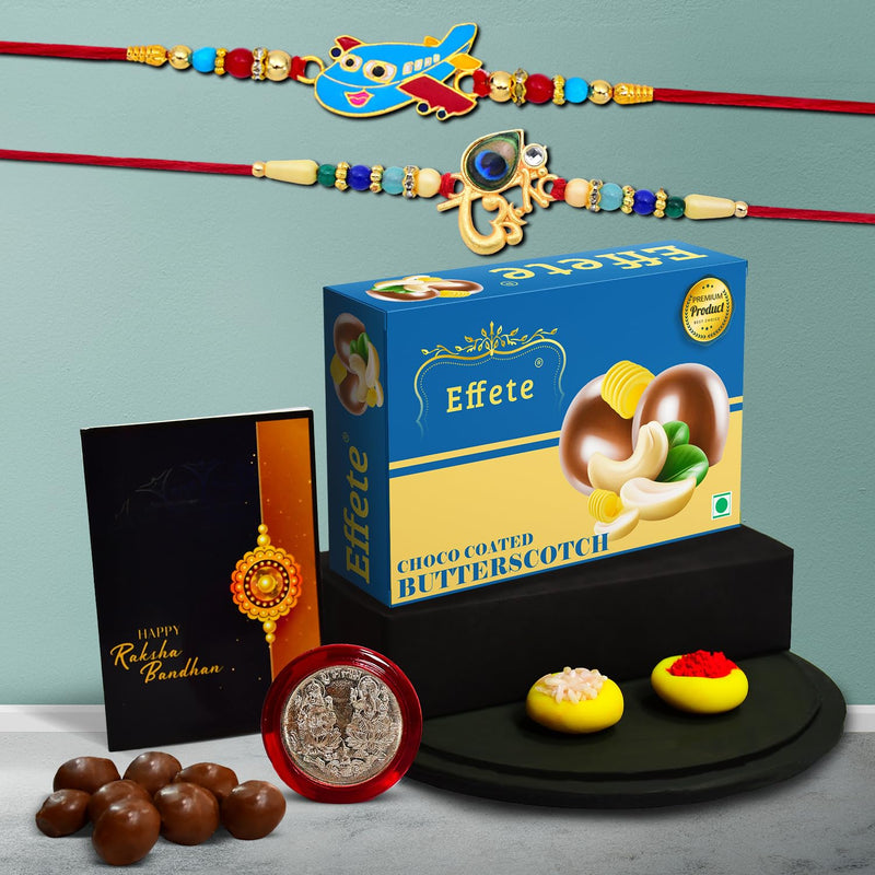 (K2_267+438_bs32) Rakhi Combo With Chocolate Butter Scotch 32gm Rakhi For Brother With Gift  Fancy Rakhis For Men Stylish Rakhi Combo For Brother  Set Of 2 Rakhi  Chocolate