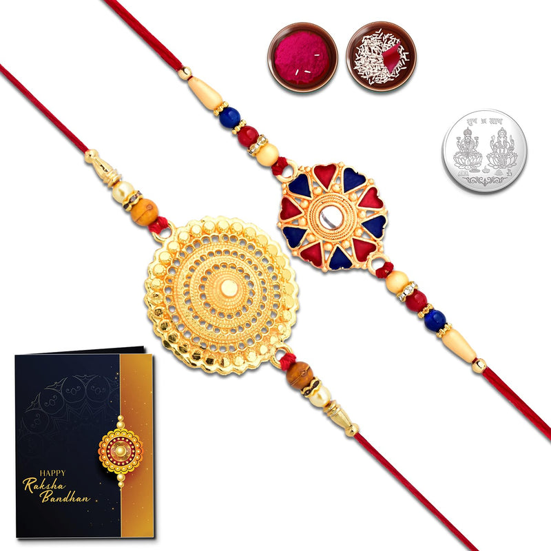(K2_501+507) Rakhi With Pooja Coin  Rakhi Card Silver Rakhi For Brother  Rakhi For Brother And Bhabhi  Lumba Rakhi Set  Bhai Bhabhi Rakhi Set  Kundan Rakhichandi Ki Rakhirakhi Set Of 1