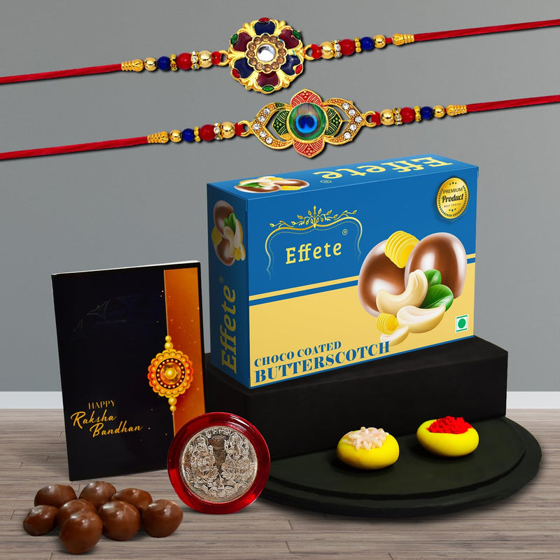 (K2_549+550_bs32) Rakhi Combo With Chocolate Butter Scotch 32gm Stylish Rakhi For Brother Rakhi  Chocolate For Brother Rakhi Brother Rakhi With Gift Handmade Rakhi Set Of 2 Rakhi