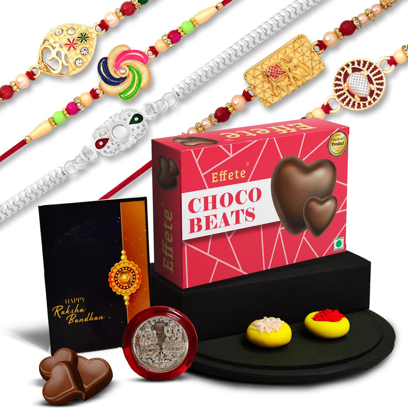 Rakhi Combo Gift For Brother With Center Filled Chocolate  Best Rakhi Collection  Rakhi Gift For Brothersister  Bracelet Rakhi  Rakhi Set Of 5 With Greeting Cardroli-chavalcoin(K5_nc14_cb32)