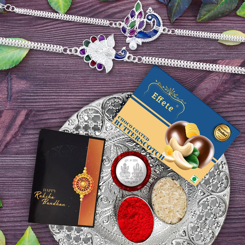 (K2_c14+c15_ds+bs32) Rakhi Combo Chocolate Butter Scotch 32gm  Silver Pooja Thali With Pooja Coin  Greeting Card  Rakhi Gift Set  Rakhi Thali  Rakhi Gifts  Kids Car Rakhi  Rakhi With Plate  Rakhi Thali Set  Rakhi With Gift  Rakhi