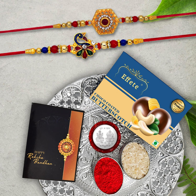 Rakhi Combo (K2_314+315_ds+bs32) Chocolate Butter Scotch 32gm  Silver Pooja Thali With Pooja Coin  Greeting Card Rakhi Thali Rakhi With Plate Rakhi Thali Set Rakhi For Brother With Chocolate Rakhi With Gift Rakhi With Chocolate Rak