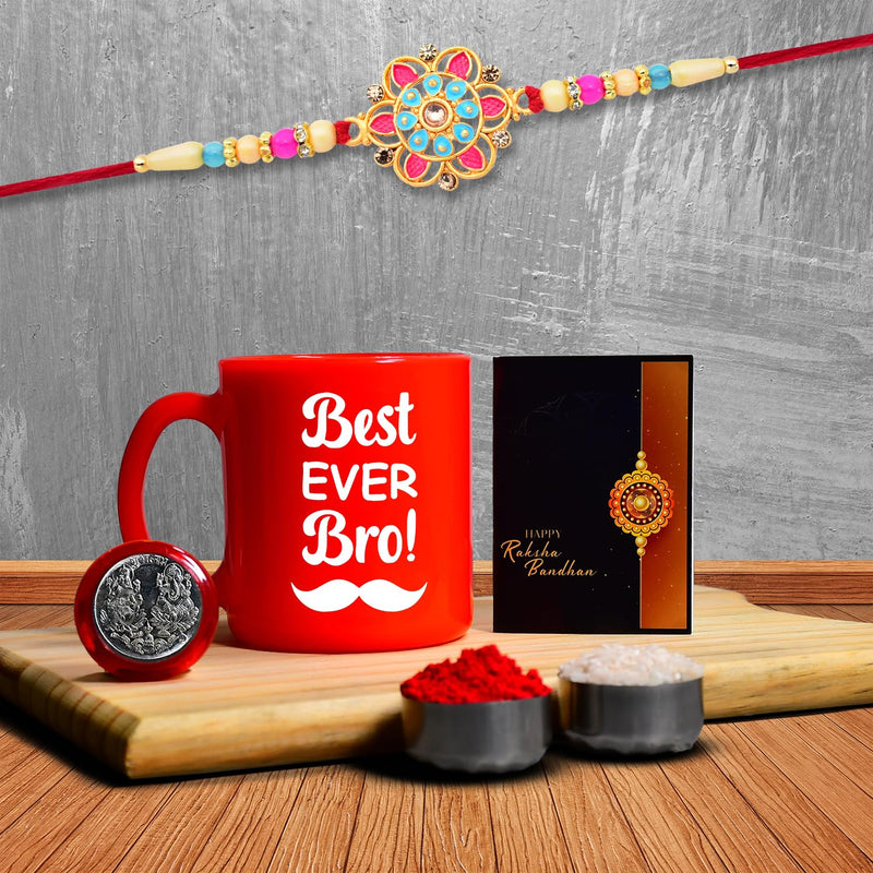 Rakhi Combo (K1_559_rtm) Plastic Unbrekable Tea  Milk  Coffee Mug (Red Best Ever Bro Mug) With Pooja Coin  Greeting Card Rakhi Set Rakhi Mug Rakhi For Brother With Mug Rakhi Mug For Brother Rakhi For Brother With Coffee Mug Rakhi With Mug