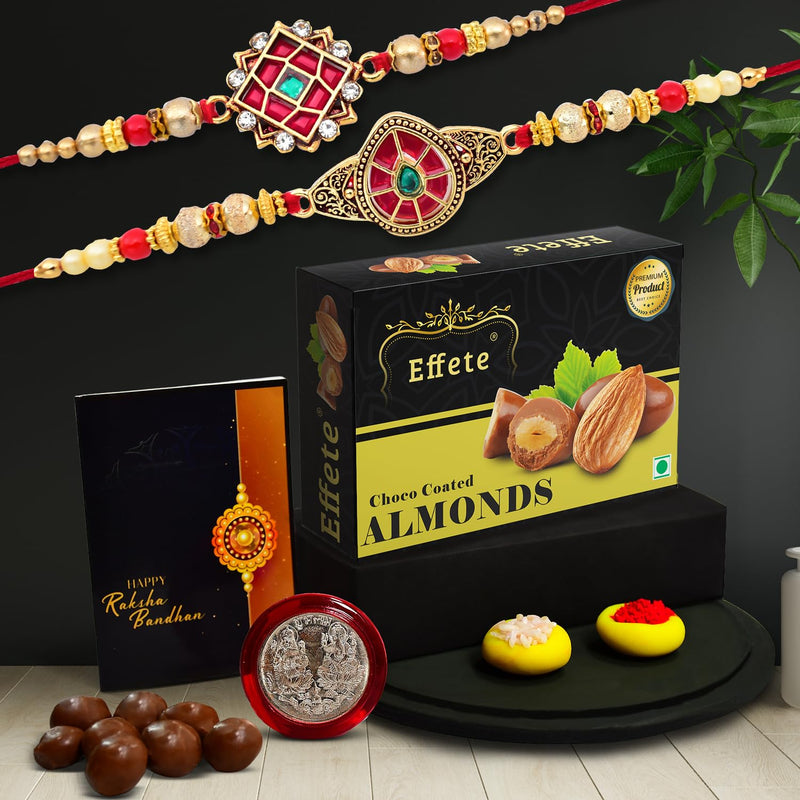 (K2_418+419_ca32) Rakhi Combo With Chocolate Almonds 32gm Rakhi For Brother With Gift  Chocolate Gift Pack Rakhi With Chocolate Gift Hemper  Fancy Rakhi For Men  Set Of 2