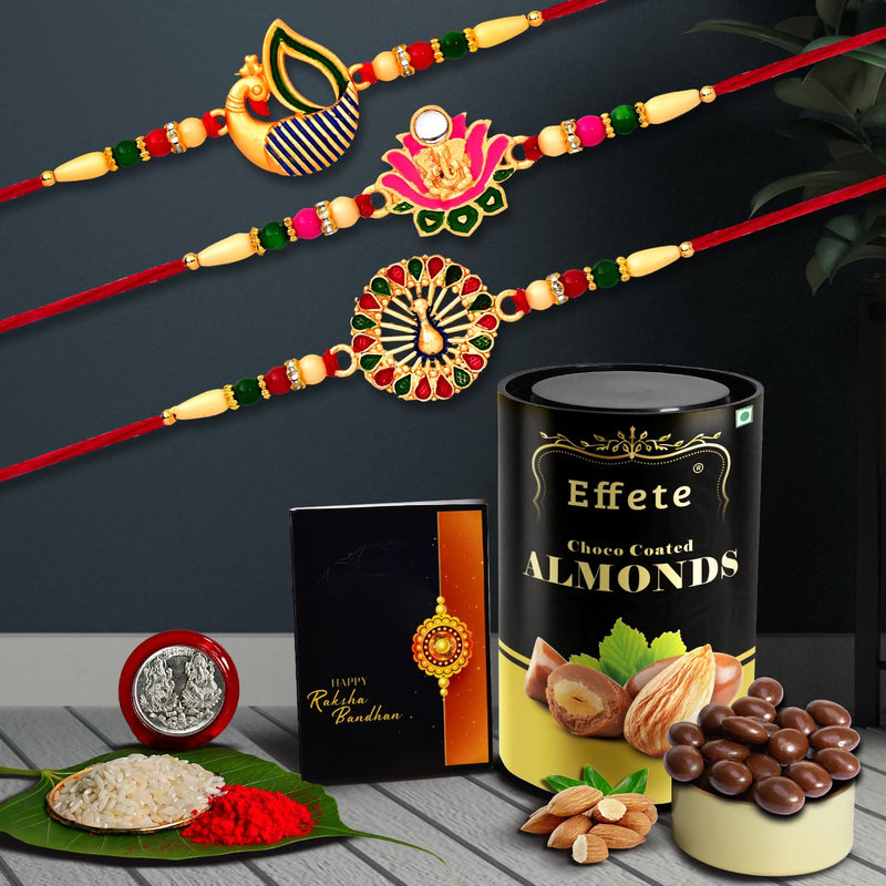 Peacock Rakhi  Rakshabandhan Combo Gift For Brother With Chocolate Butterscotch  Ganpati Golden Color Rakhi (K3_541+542+543_bs)