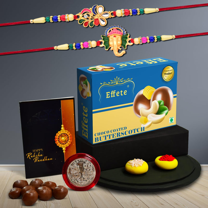 (K2_555+556_bs32) Rakhi With Chocolate Butter Scotch 32gm Rakhi For Brother With Gift  Handmade Rakhi Rakhi Combo For Brother  Stylish Rakhi For Brother  Set Of 2 Rakhi