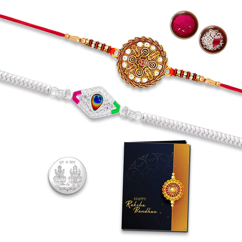 Maitri Festival Of Raksabandhan  Rakhi For Men With Roli Chawal Tilak Greeting Card And Laxmi Ganesh Silver Pooja Coin  Designer Rakhi Combo  Rakhi 2 Pcs  K2_603+a65