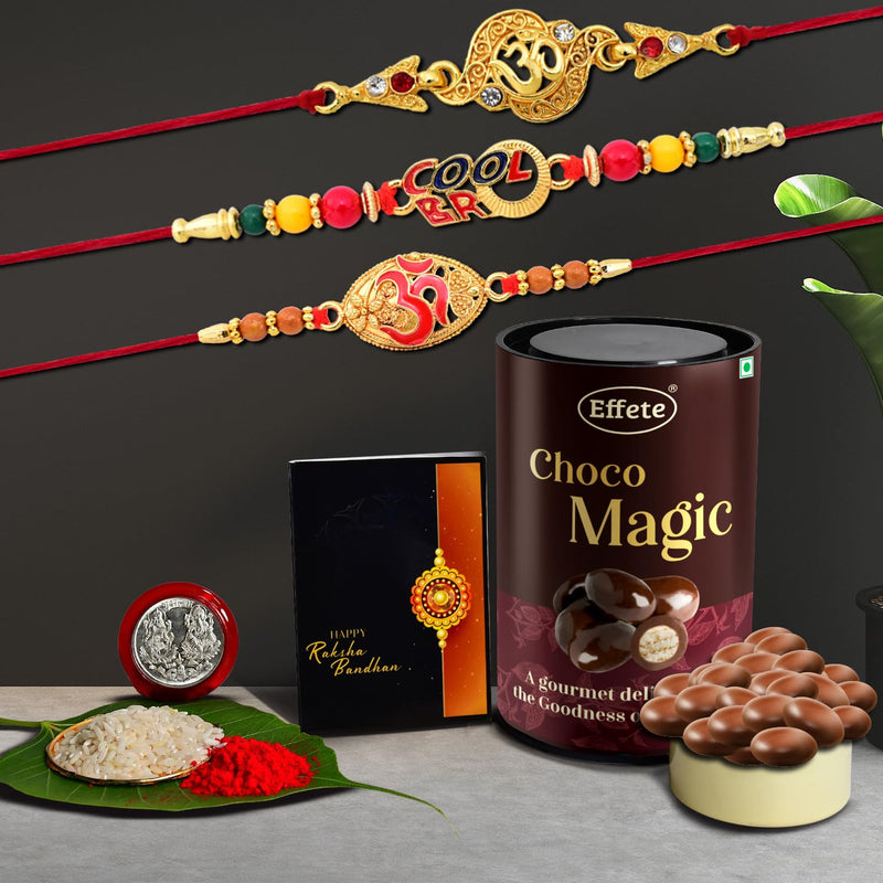 Rakhi (K3_403+404+406_em)  Chocolate Magic Rakhi For Brother With Gift Rakhi With Chocolate Rakhi Combo For Brother Set Of 3 Rakhi Chocolate