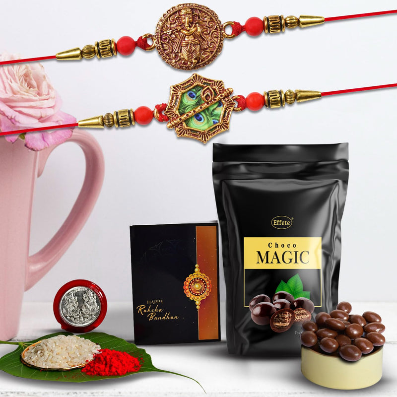 (K2_3+4_sp) Multicolor Rakhi Combo Chocolate Magic 32gm Silver Color Pooja Coin Roli Chawal  Greeting Card Rakhi  Chocolate Brother Rakhi Gift Handmade Rakhi Set Of 2