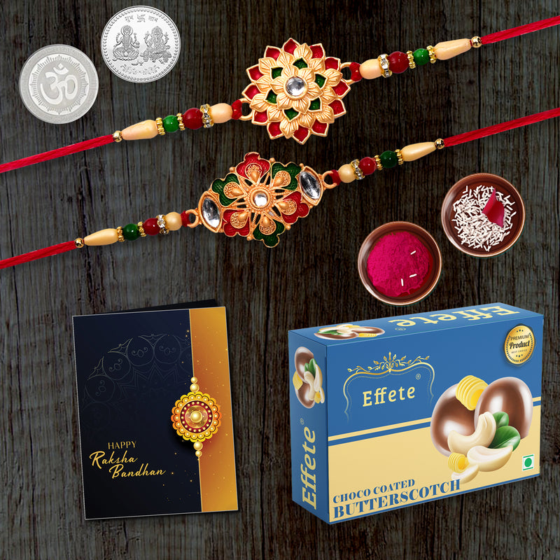 Rakhi With Ritual Kit And Greeting Card