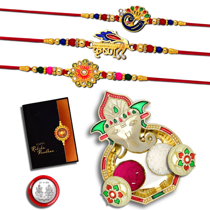 Rakhi Combo With (K3_320+321+322_aa3) With Pooja Coin Shri Ganesh Pooja Thali  Tilak Set  Greeting Card Rakhi With Plate  Rakhi Thali Set  Rakhi In Silver  Rakhi Hamper  Handmade Rakhi  Rakhi For Brother Kids  Rakhi For Brother And Bhabhi