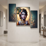 Krishna N Flute 3 Panel Mdf Wall Frame Wall Art Painting 16.5x12in (1 Pc)