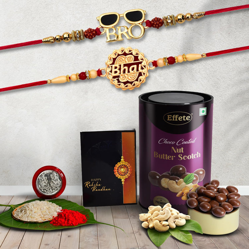 Rakshbandhan Special Silver Plated Fancy Rakhi Combo Set Of 2 With Chocolate Almonds 96 G Roli Chawal Pooja Coin And Greeting Card