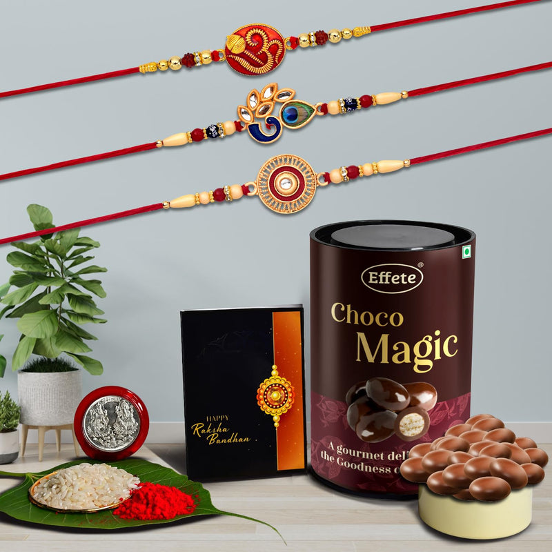 (K3_277+282+293_em) Rakhi Combo With Chocolate Magic Rakhi For Brother With Gift Chocolate Gift Pack Rakhi With Chocolate Gift Hemper Fancy Rakhis For Men Set Of 3 Rakhi