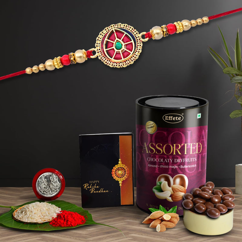 Designer Rakhi For Brother Set Of 1 With Assorted Chocolate Dryfruits 96gm (K1_422_as)