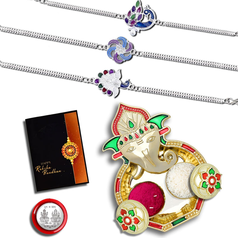 (K3_c14+c15+c16_aa3) Rakhi Combo With Pooja Coin Shri Ganesh Pooja Thali  Tilak Set  Greeting Card Rakhi With Plate  Rakhi Thali Set  Rakhi For Brother Kids  Rakhi In Silver  Rakhi Hamper  Handmade Rakhi  Rakhi For Brother  Bhabhi  Rakhi