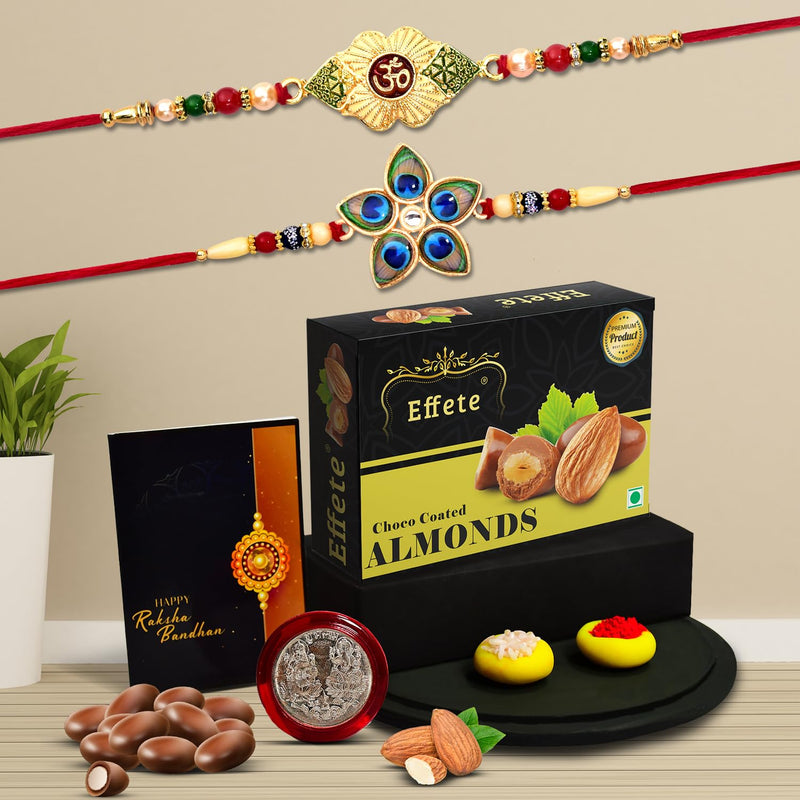 (K2_263+266_ca32) Rakhi Combo With Chocolate Almonds 32gm Rakhi  Chocolate For Brother Rakhi With Chocolate Rakhi With Gift Rakhi Combo Set Of 2 Rakhi Chocolate