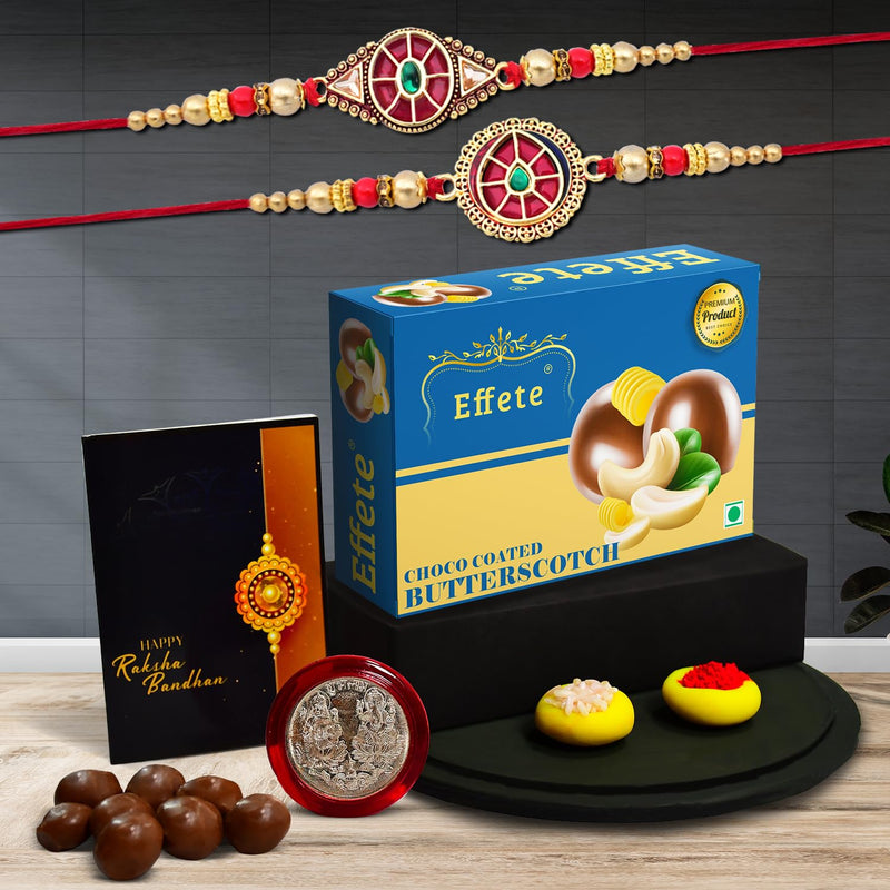 (K2_422+424_bs32) Rakhi With Chocolate Butter Scotch 32gm Rakhi For Brother With Gift  Handmade Rakhi Rakhi Combo For Brother  Stylish Rakhi For Brother  Set Of 2 Rakhi