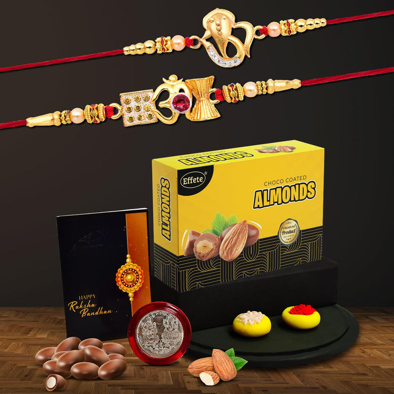 (K2_412+413_ea32) Rakhi Combo With Chocolate Almond 32gm Pooja Coin  Greeting Card  Rakhi Gift Hamper  Rakhi For Brother With Gift  Chocolate Gift Pack Set Of 2