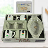 8240 Sunday Funday Ceramic Tea  Cups  Mug With Plastic Snacks Platter And 2 Compartment Chutney Bowl Milk Cup Coffee Cup Breakfast Cup Drinking Mug Or Outdoor For Household Gift For Birthday Wedding Party (6 Pcs Set)