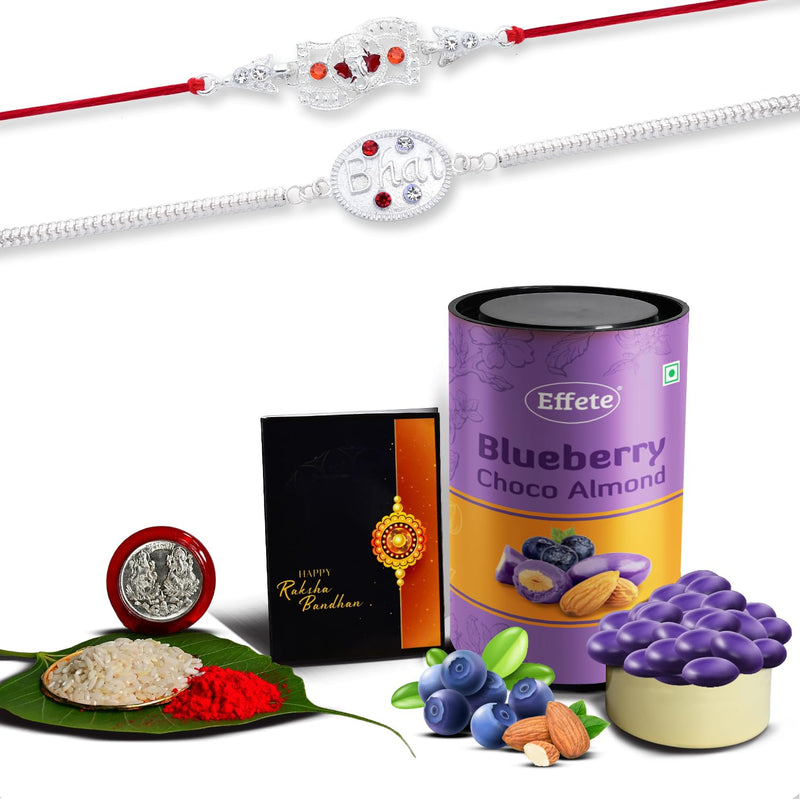 Rakhi Combo (K2_a43+a44_ba)  Blueberry Choco Almond 96gm With Pooja Coin  Greeting Card  Rakhi Gift Hamper  Rakhi For Brother With Gift  Rakhi With Chocolate Rakhi Combo For Brother  Rakhi Set Of 2  Rakhi Chocolate Gift Combo