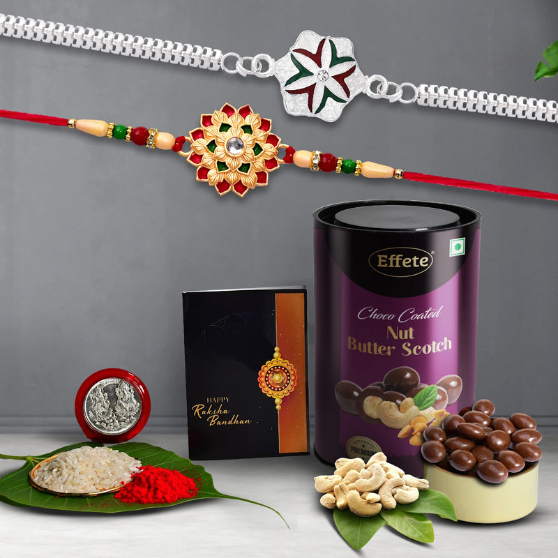 Designer Rakhi Duo With Butterscotch Choco Dry Fruits  Raksha Bandhan Gift Combo