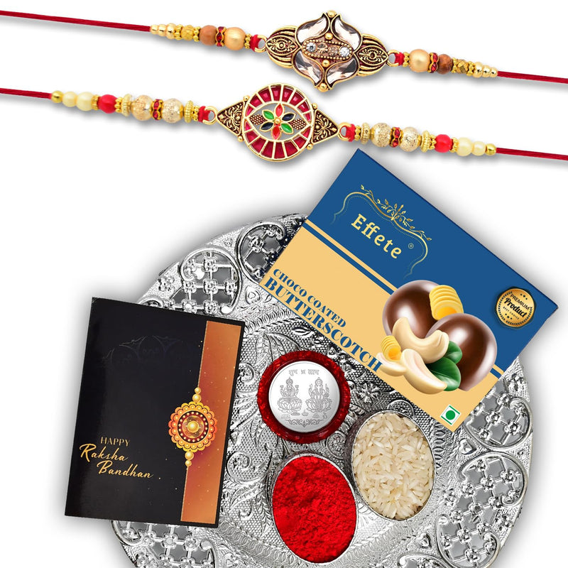 (K2_427+428_ds+bs32) Rakhi Combo With Chocolate Butter Scotch 32gm  Silver Pooja Thali Pooja Coin  Greeting Card Rakhi Gift Set  Rakhi Thali  Rakhi For Brother Kids  Rakhi With Plate  Rakhi Hamper For Brother  Rakhi For Brother With