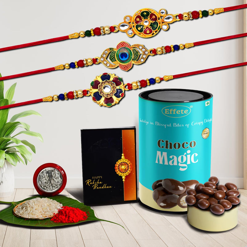 (K3_549+550+551_cm) Rakhi Combo With Chocolate Magic Rakhi For Brother With Gift Chocolate Gift Pack Rakhi With Chocolate Gift Hemper Fancy Rakhis For Men Set Of 3 Rakhi