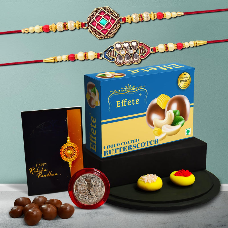 (K2_420+421_bs32) Rakhi Combo With Chocolate Butter Scotch 32gm Rakhi For Brother With Gift Chocolate Gift Pack Rakhi With Chocolate Gift Hemper Fancy Rakhis For Men Set Of 2 Rakhi