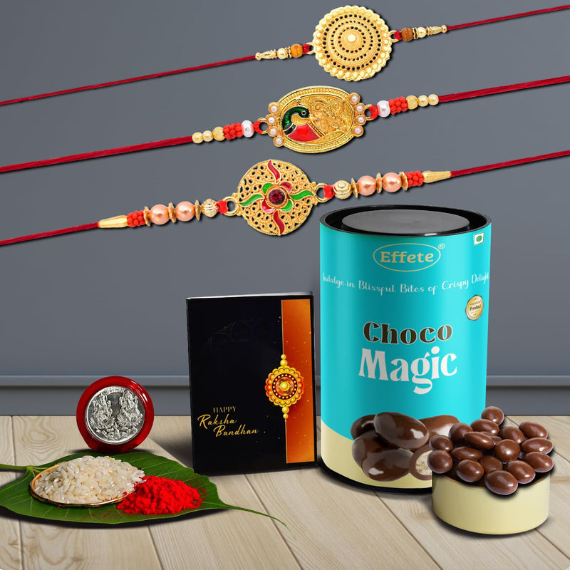 Rakhi (K3_362+401+402_cm)  Chocolate Magic  Rakhi Combo With Card And Chocolate  Chocolates Gift  Rakhi  Chocolate For Brother  Rakhi With Gift  Set Of 3 Rakhi