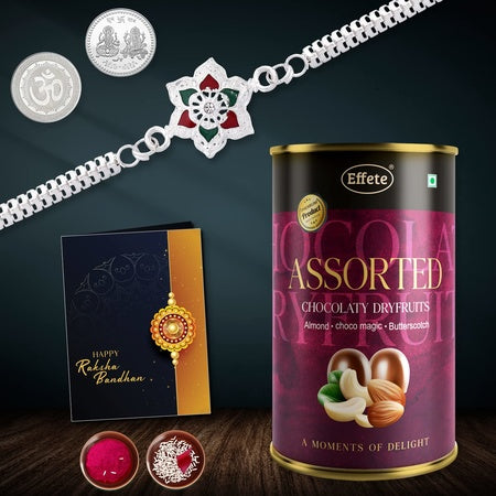 (K1_a31_as) Multicolor Rangoli Floral Silver Color Rakhi Combo With Assorted Chocolate Dry Fruits 96gm Silver Color Pooja Coin Roli Chawal  Greeting Card  Occasion  Rakhi For Brother With Gift  Bracelets For Men Stylish Rakhi Combo Fo