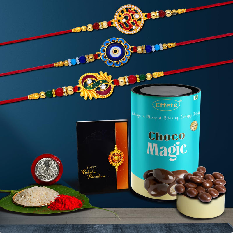 (K3_272+273+275_cm) Rakhi Combo With Chocolate Magic Rakhi  Chocolate For Brother Rakhi With Chocolate Rakhi With Gift Rakhi Combo Set Of 3 Rakhi Chocolate