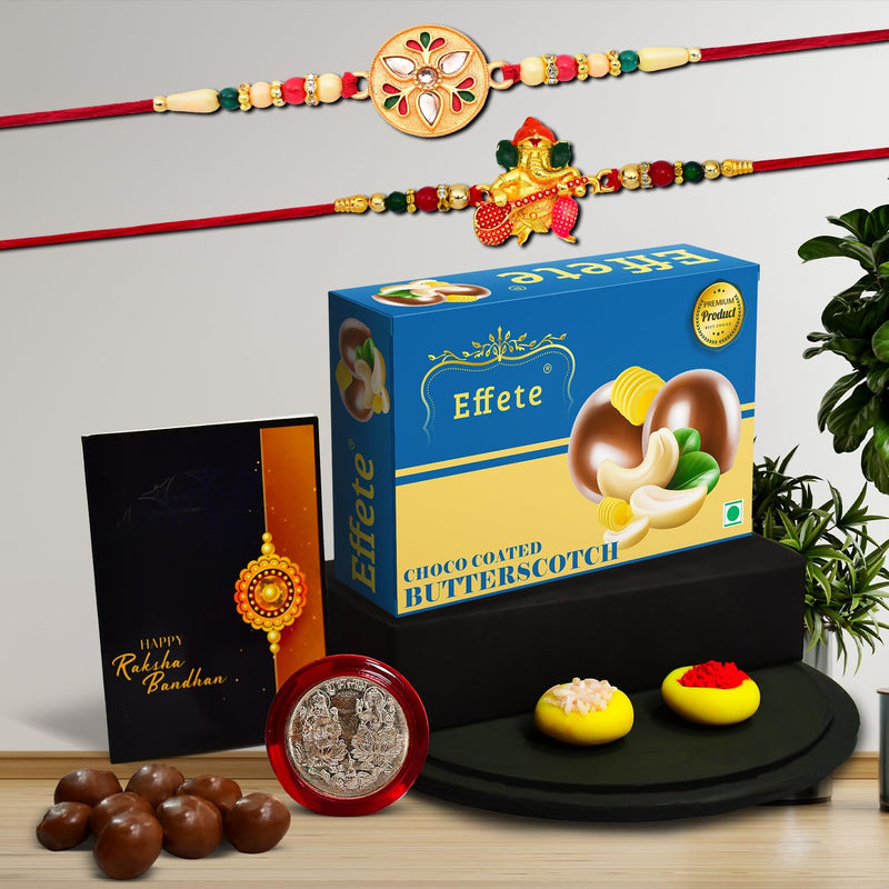 (K2_508+511_bs32) Rakhi Combo With Chocolate Butter Scotch 32gm Rakhi  Chocolate For Brother Rakhi With Chocolate Rakhi With Gift Rakhi Combo Set Of 2 Rakhi Chocolate