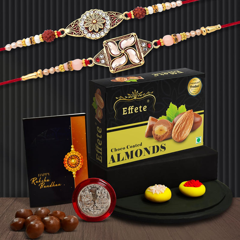 Rakhi (K2_425+426_ca32)  Chocolate Almonds 32gm  Rakhi Combo With Card And Chocolate  Chocolates Gift  Rakhi  Chocolate For Brother  Rakhi With Gift  Set Of 2 Rakhi