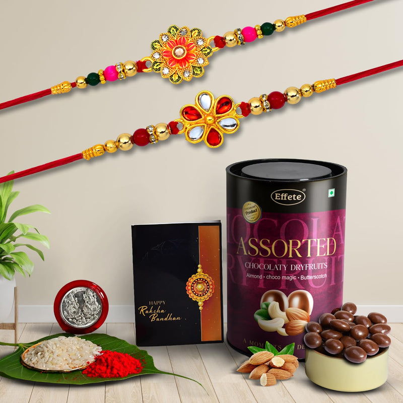 (K2_322+323_as) Rakhi Combo With Assorted Chocolate Dryfruits 96gm Rakhi For Brother With Gift Chocolate Gift Pack Rakhi With Chocolate Gift Hemper Fancy Rakhis For Men Set Of 2 Rakhi