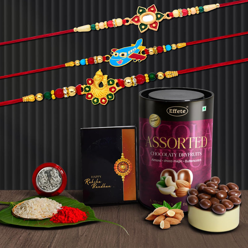 (K3_266+267+271_as) Rakhi Combo  Assorted Chocolate Dryfruits 96gm Rakhi  Chocolate For Brother  Fancy Rakhis For Men Stylish  Rakhi With Gift  Rakhi Combo  Set Of 3  Chocolate