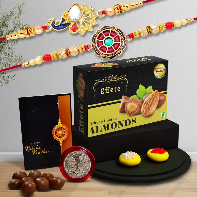 Rakhi Brother Set Of 2 Combo  Chocolate Almonds 32gm Pooja Coin  Greeting Card Rakhi Chocolate Rakhi Kids Rakhi Set Rakhi Combo Rakhi Sweets (K2_414+415_ca32)